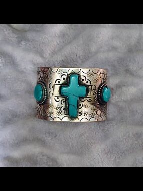 Sante Fe Style Turquoise and Silver-Tone Cuff Bracelet
